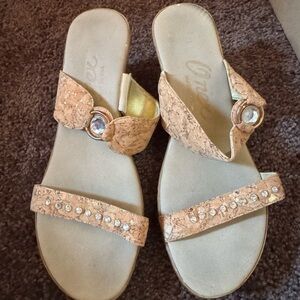 Onex Cork-Textured Tan Slide Sandals with Gem Accents